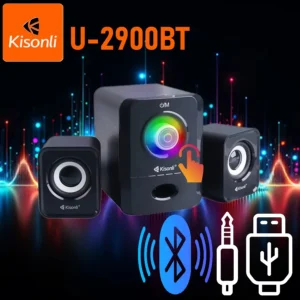 Kisonli U-2900BT 2.1 USB Computer Speakers with Bluetooth 5.0, Subwoofer, AUX, Colorful LED Lights, Touch Control, and USB Power Supply for Home Theater, Outdoor, and Gaming
