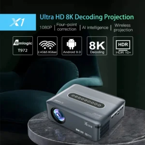 XNANO X1 8K/4K Smart Projector – Real 1080P, Android 9, WiFi & Bluetooth, Voice Control, 2GB/16GB, 300 ANSI Lumens + Remote & Carrying Bag – Silver