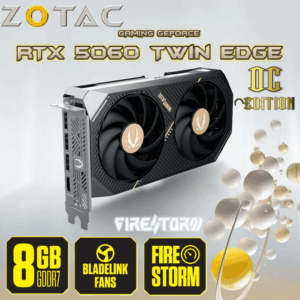 ZOTAC GAMING GeForce RTX 5060 Twin Edge OC GPU With 8GB GDDR7, DLSS 4, 3840 CUDA Cores, 2527 MHz Engine Boost, PCIe 5.0, Twin 90mm Fans, Blackwell Architecture, Ray Tracing, Compact 2-Slot Design