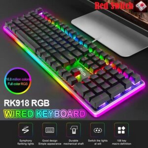 RK ROYAL KLUDGE RK918 Wired Mechanical Keyboard Red Switch, RGB Backlit with Large LED Surrounding Side Illumination , Full Size 108 Keys , 100% Anti-Ghosting , Fully Programmable – BLACK