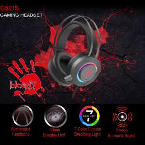 bloody G521S RGB Gaming Headset , 50 mm speaker , Omni-Directional Noise-Canceling Mic. , Suspended Headband , 7-Color Circular Breathing Light , 230 cm USB Cable – Sliver Black 