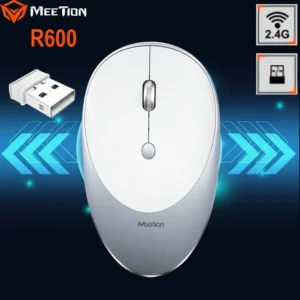 MEETION Rechargeable Wireless Mouse R600 with 1600 DPI, 10m Wireless Range, 2.4GHz Transmission, Mute Buttons, Auto Sleep, and Slim Design | SILVER WHITE