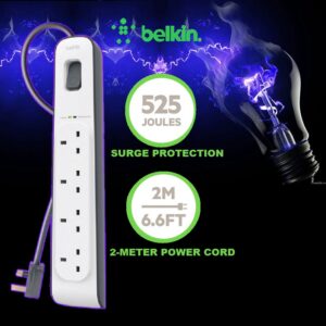 belkin 4-Outlet Surge Protection Power Strip with 2M Cord – UP TO 525 JOULES PROTECTION – UNEFFECTED BY SPIKES AND FLUCTUATIONS – THREE-LINE AC SAFETY – Damage Resistant Housing – White Grey