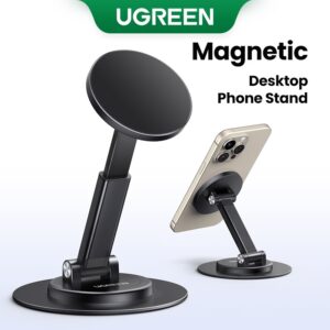 Ugreen Magnetic Phone Stand for MagSafe – 1600g Strong Grip, 360° Rotation, Height Adjustable & Foldable Desk Holder, Ergonomic Design for iPhone 12–17 Series – Black