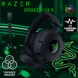 Razer Kraken V4 X – Wired PC Gaming Headset ; Razer™ TriForce 40mm Drivers ;  Retractable Cardioid Mic ; 7.1 Surround Sound, Razer Chroma™ RGB ; for PC – Console &  Phones via USB-C | Black