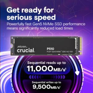 Crucial P510 1TB Gen5 NVMe SSD, Up to 11,000 MB/s, PCIe 5.0 M.2 2280 SSD, Internal Solid State Drive, Compatible with Laptop, Desktop, +Acronis Software | CT1000P510SSD8
