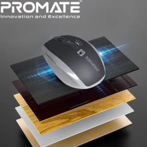 Promate Breeze Silent Wireless Mouse | 90% Noise Reduction, 1600 DPI, 10m Range, Ergonomic Grip, 1×AA Battery | Matte Anti-Slip Finish – Silver