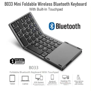 B033 Mini Foldable Wireless Bluetooth Keyboard With Built-In Touchpad – 64 Keys, Triple-Folding, Rechargeable, Compatible With Android, Windows, iOS |  GREY