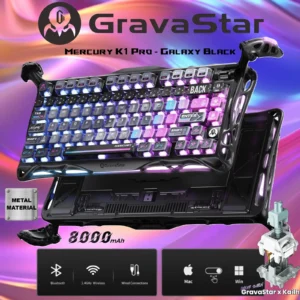 GravaStar Mercury K1 Pro 75% Wireless Mechanical Gaming Keyboard, Gasket-Mounted, Hot-Swap x Kailh Speedy Mint Linear Switches, Dual RGB, 8000mAh Battery, Custom Control Knob | Galaxy Black 
