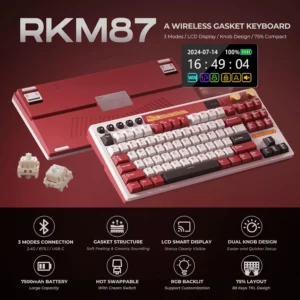 ROYAL KLUDGE RK M87 88-Key Gaming Mechanical Keyboard with LCD Smart Display, RGB Backlighting, Tri-Mode Connectivity, Hot-Swappable Cream Switches, and Multi-Function Dual Knobs | FAMICOM RED