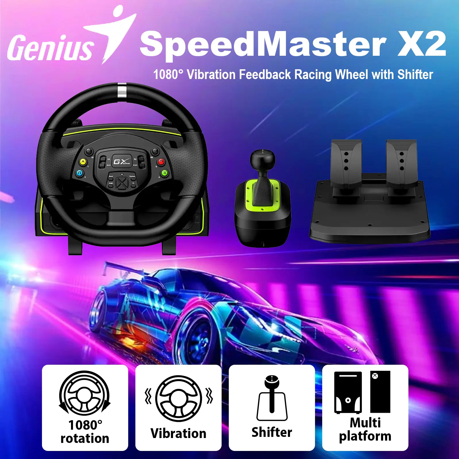 Genuis SpeedMaster X2 1080° Vibration Feedback Racing Wheel with Shifter, Dual-Motor Vibration, Adjustable Sensitivity, Gear Shifter & Foot Pedals, Compatible with PC, PS3/4, Xbox Series X/One/360.