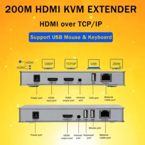 200M HDMI KVM Extender Over Ethernet Cat5e/Cat6/Cat7 Cable, Supports 1080P, 4K, 3D, USB Keyboard & Mouse, DTS Audio, Dolby TrueHD, Plug-and-Play, Ideal for Home Theater, Video-Conferences