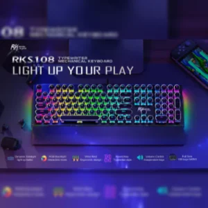 Royal Kludge 108-Key RGB Mechanical Black Keyboard | Wired | Steampunk Retro Typewriter Style | Detachable Wrist Rest | Anti-Ghosting | Metal Panel | PC/Mac/Linux | Brown Switch