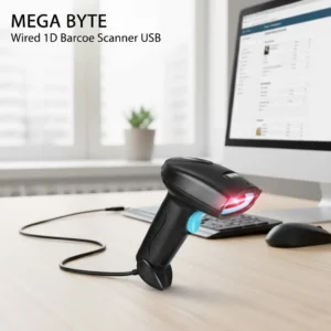 MEGA BYTE Wired 1D Barcode Scanner USB – High-Speed CCD Reader | Supports Screen & Paper Scanning | 300 Scans/sec | Plug & Play | Durable Build | Includes Stand