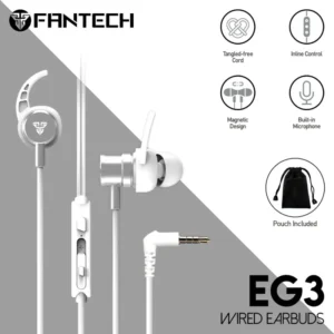 FANTECH EG3 Wired Earbuds White – 3.5mm Jack, 10mm Custom Tuned Drivers, Noise-Cancelling Omnidirectional Mic, Aluminum Alloy Build, Magnetic Design, Inline Control