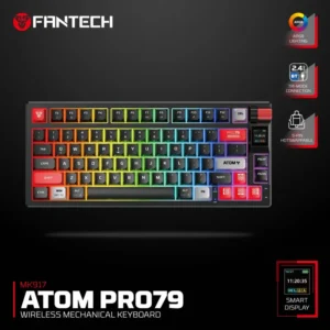 Fantech MK917 ATOM PRO79 Tri-Mode Wireless Mechanical Gaming Keyboard – Wireless & Wired, 79 Keys, Hot-Swappable, RGB, Smart Display, Rotary Knob , Built-in Battery, RED SWITCH | BLACK 