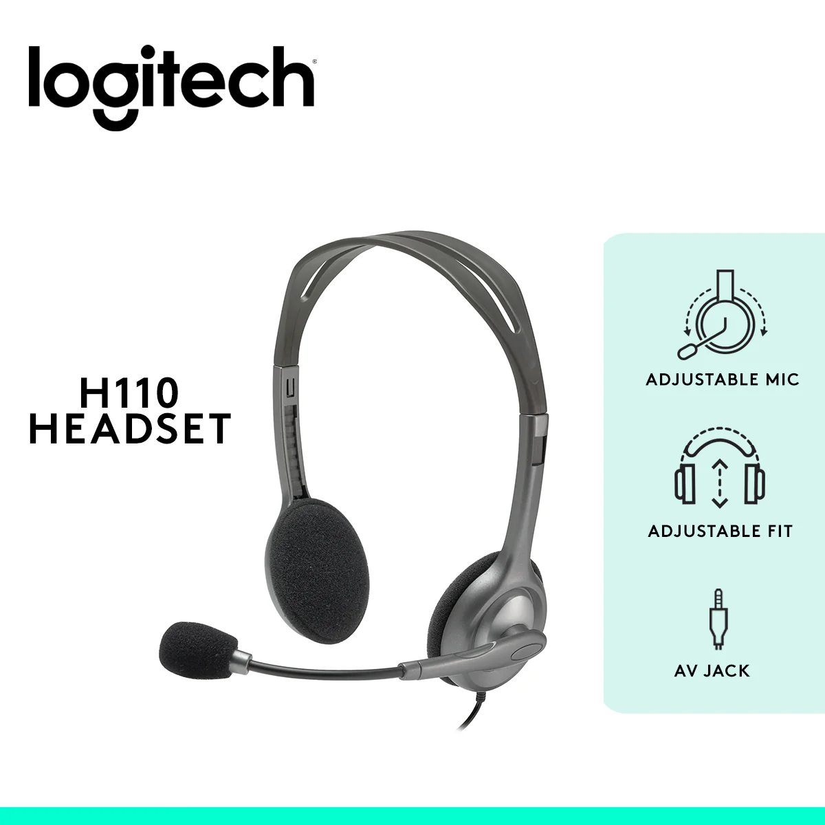 Logitech H110 Stereo Headset With 180° Rotating Noise-Reducing Microphone, Dual 3.5mm Jacks, Lightweight Adjustable Headband, Stereo Sound | Dark Grey
