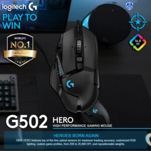 Logitech G502 HERO High Performance Wired Gaming Mouse, HERO 25K Sensor, 25,600 DPI, RGB, Adjustable Weights, 11 Programmable Buttons, On-Board Memory, PC / Mac