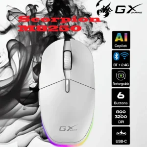 Genius Scorpion M8250 Wireless 2.4GH Bluetooth Rechargeable Gaming Mouse with LED, Dual Mode (Bluetooth 5.0 & 2.4GHz) , RGB Backlighting, Adjustable DPI (800-3200), AI Copilot Key, USB-C Charging, for Gaming and Work | WHITE