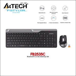 A4TECH FB2535C Fstyler Wireless Keyboard Mouse Combo – 2.4G & Bluetooth, Compact, Rechargeable, Smartphone Cradle, Multi-Device, 2400 DPI Mouse – Black