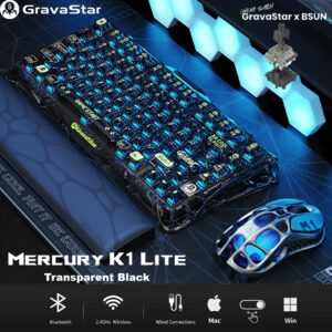 GravaStar Mercury K1 Lite Mechanical Gaming Keyboard, 75% Gasket Hot Swappable Keyboard, Pre-lubed Linear Switches, RGB Backlit, Tri-Mode Wireless, Custom GravaStar x BSUN linear Switches | Transparent Black