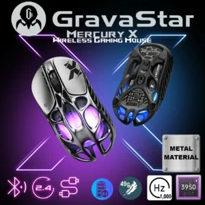 GravaStar Mercury X Wireless Gaming Mouse 49g , Magnesium Alloy, PAW 3950 Sensor 32,000 DPI , 1000Hz Polling Rate, Tri-Mode Connectivity, 5 Programmable Buttons, RGB Lighting , Web-Based Software | Interstellar Silver