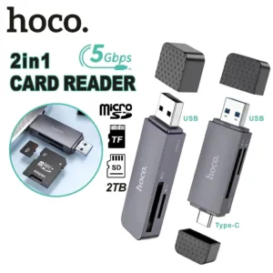 HOCO HB45 2-in-1 USB 3.0 & Type-C Card Reader – Dual Port SD/TF Adapter, 5Gbps High-Speed, Supports Up to 2TB, Compact Portable ABS Build for Phones, PCs & Cameras