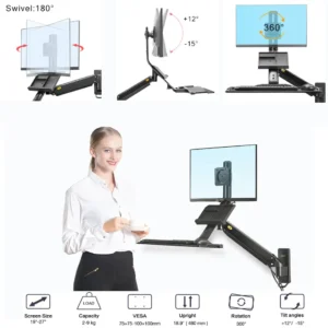NB North Bayou Sit Stand Workstation Wall Mount Height Adjustable Sit-Stand Converter for 19”-27” Screens with Keyboard Tray, VESA 75/100, Load Capacity from 4.4-19.8lbs | NB-D32 