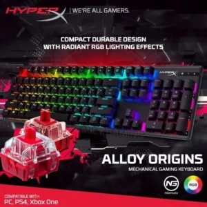 HyperX Alloy Origins™ Mechanical Gaming Keyboard – Full-Size, RGB Backlit, Aluminum Body, Detachable USB-C, Adjustable Tilt, NGENUITY Customization | Red Switches