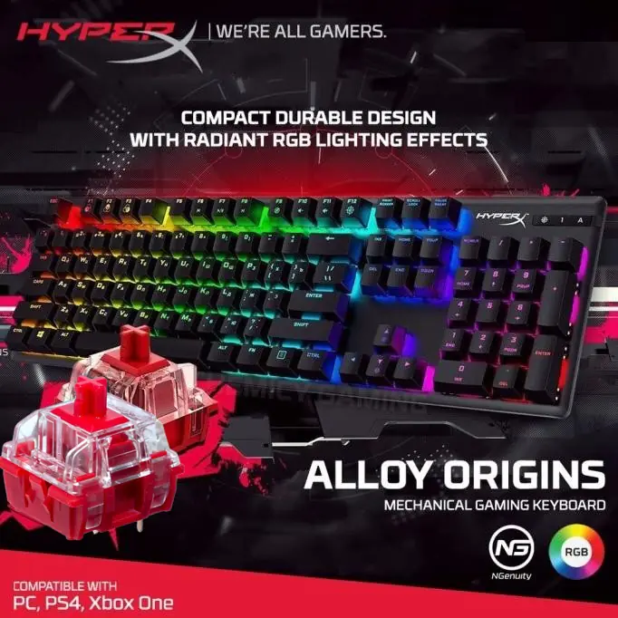 HyperX Alloy Origins™ Mechanical Gaming Keyboard – Full-Size, RGB Backlit, Aluminum Body, Detachable USB-C, Adjustable Tilt, NGENUITY Customization | Red Switches