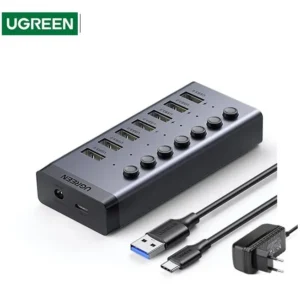 UGREEN USB-C To 7-Port USB-A 3.0 Hub With 4 Fast Charging Ports, DC 12V EU Adapter, 5Gbps Transfer Speed, LED Switches, Type-C Cable Included, Aluminum Shell
