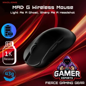Madlions MAD G Series Ultra-Lightweight 43g Esports Gaming Mouse With PAW 3395 Sensor , Adjustable DPI Up To 26 000 , 1KHz Wired/Wireless, Ice Lion Coating, PTFE Skates & Grip Stickers , USB-C | BLACK 