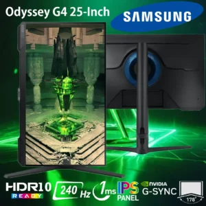 SAMSUNG Odyssey G4 Series 25-Inch FHD Gaming Monitor, IPS, 240Hz, 1ms, G-Sync Compatible, AMD FreeSync Premium, HDR10, Ultrawide Game View, DisplayPort, HDMI, Fully Adjustable Stand