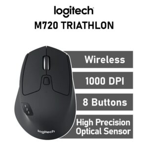 Logitech M720 Triathlon Multi-Device Wireless Mouse, Bluetooth, USB Unifying Receiver, 1000 DPI, 8 Buttons, Compatible with Laptop, PC, Mac, iPad OS – Black