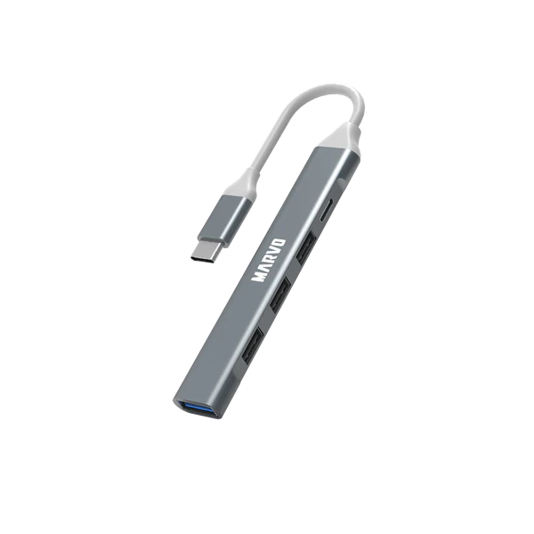 MARVO UH008 USB-C Hub | 1x USB 3.0 (5Gbps), 3x USB 2.0 (480Mbps), 1x USB-C Female, Metal Build, 15cm Cable, Plug & Play, 5V=3A Input, 102x16x7mm, 21g