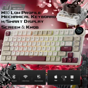 RK ROYAL KLUDGE N80 Low Profile Mechanical Keyboard w/Smart Display Screen & Knob, 75% Top Mount 3-Modes Wireless Mechanical Keyboard, Software Support, Massive Battery, 80 Keys, Low-Profile RK Brown (Tactile) Switches | Dune Red