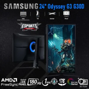 Samsung 24 inches Odyssey G3 G30D FHD 180Hz VA Gaming Monitor – Ultra-Fast 1ms, AMD FreeSync , HDR10, Ultra-Adjustable Stand ” Height, Tilt, Swivel, Pivot ” , 3-Sided Borderless Design , Virtual Aim Point | BLACK
