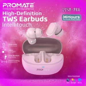 Promate Lush-Pro IntelliTouch True Wireless Earbuds With Bluetooth 5.4, Dual Mic Clarity, 36H Battery Life, IPX4 Water Resistance, 10mm Drivers & Ergonomic Fit | PINK 