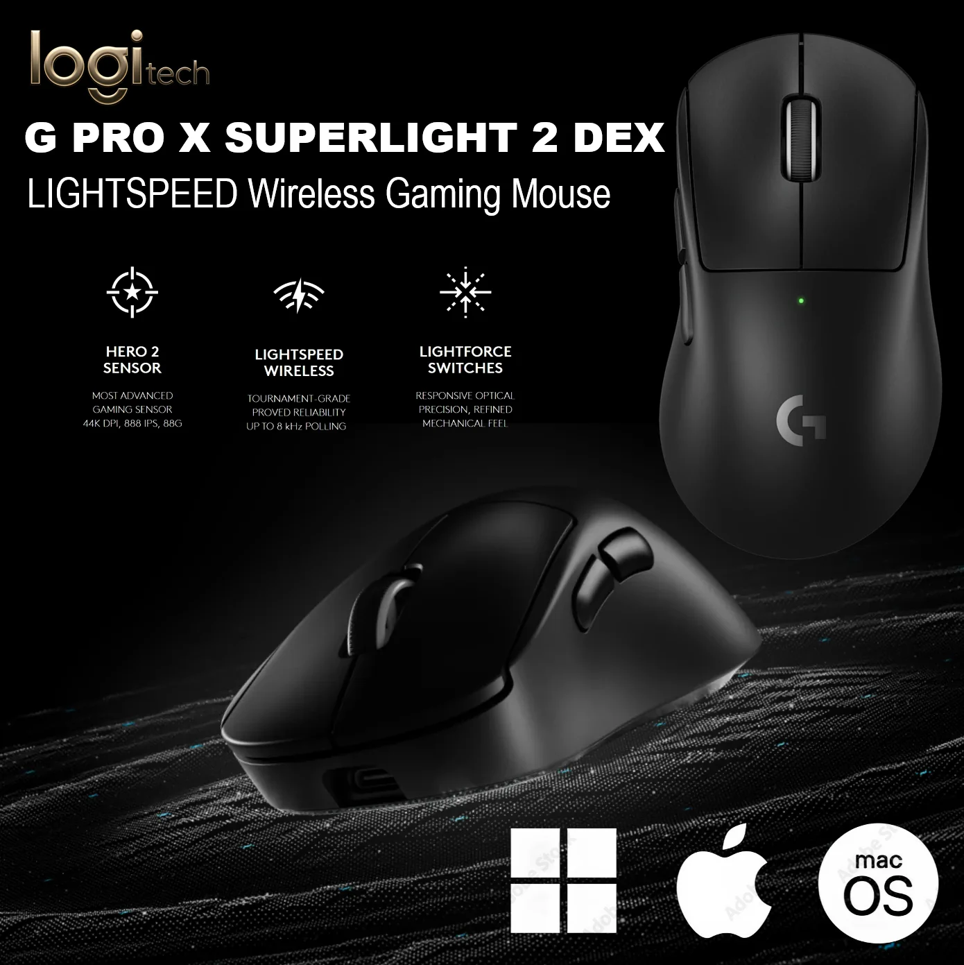 Logitech G PRO X SUPERLIGHT 2 DEX Wireless Gaming Mouse With 5 programmable Buttons 60g , HERO 2 44K DPI Sensor, LIGHTSPEED 8KHz, LIGHTFORCE Switches, 60g Ultra-Light Build, 95h Battery, USB-C, PTFE Feet, Windows / macOS / USB C Devices | BLACK