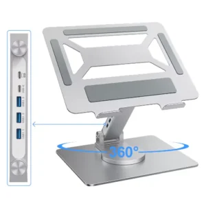 E17SU Premium Rotatable Laptop Stand – 360°, Adjustable Height/Angle, Dock with 3×USB3.0 + 2×Type-C, Fits 11″-17″, Ergonomic Design, Silver