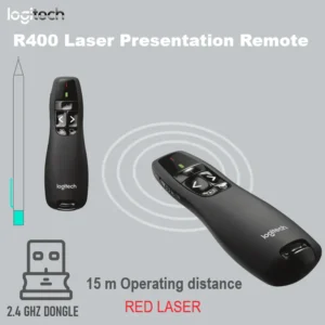 Logitech R400 Wireless Red Laser Presentation Remote With Red Laser Pointer, One-Touch Slideshow Controls, Plug-and-play 2.4GHz USB Receiver, Bright 15m Range, Storable receiver and carrying case, For Windows PC