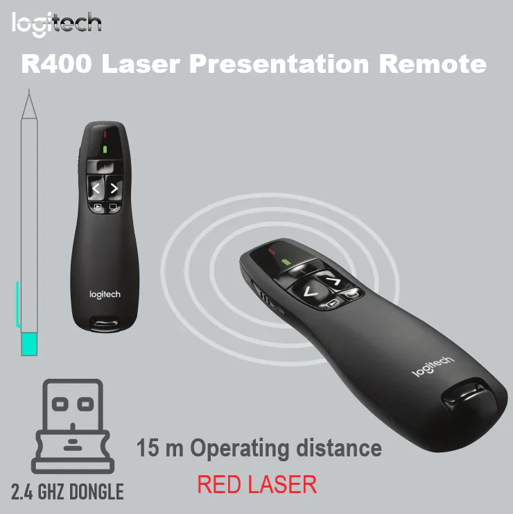 Logitech R400 Wireless Red Laser Presentation Remote With Red Laser Pointer, One-Touch Slideshow Controls, Plug-and-play 2.4GHz USB Receiver, Bright 15m Range, Storable receiver and carrying case,Β For Windows PC