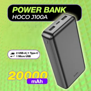 HOCO J100A 20000mAh Power Bank | Dual USB-A Fast Charging, Micro & Type-C Input, Battery Indicator, LiPo Portable Charger for Phones & Tablets – Black