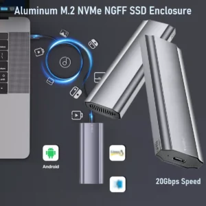 Aluminum M.2 NVMe NGFF SSD Enclosure USB 3.1 Type-C With Cooling Vest – 20Gbps Speed, PCIe M-Key & B+M Key Support, 2280/2260/2242mm, Plug & Play, CNC Thermal Design | M11-N20G SILVER GREY