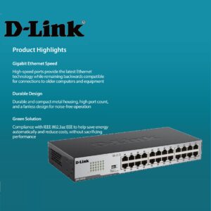 D-Link DGS-1024D 24-Port Unmanaged Gigabit Switch , Durable metal housing , Fanless design , up to 10,000 bytes Jumbo Frames , Half/full-duplex for Ethernet/Fast Ethernet speeds , Plug & Play , Rackmountable