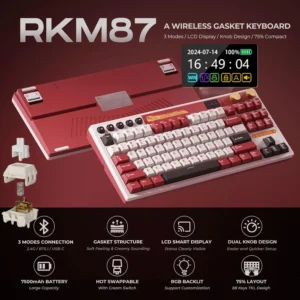 ROYAL KLUDGE RK M87 88-Key Gaming Mechanical Keyboard with LCD Smart Display, RGB Backlighting, Tri-Mode Connectivity, Hot-Swappable Tactile Beige Switch , and Multi-Function Dual Knobs | FAMICOM RED