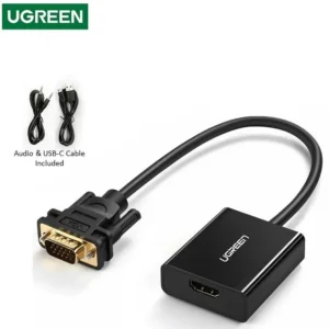 UGREEN VGA Male To HDMI Female Adapter – Full HD 1080P@60Hz With 3.5mm Audio, USB-C Power, Audio Video Sync, Plug & Play, Gold-Plated, 1m Cables Included | BLACK 50945 