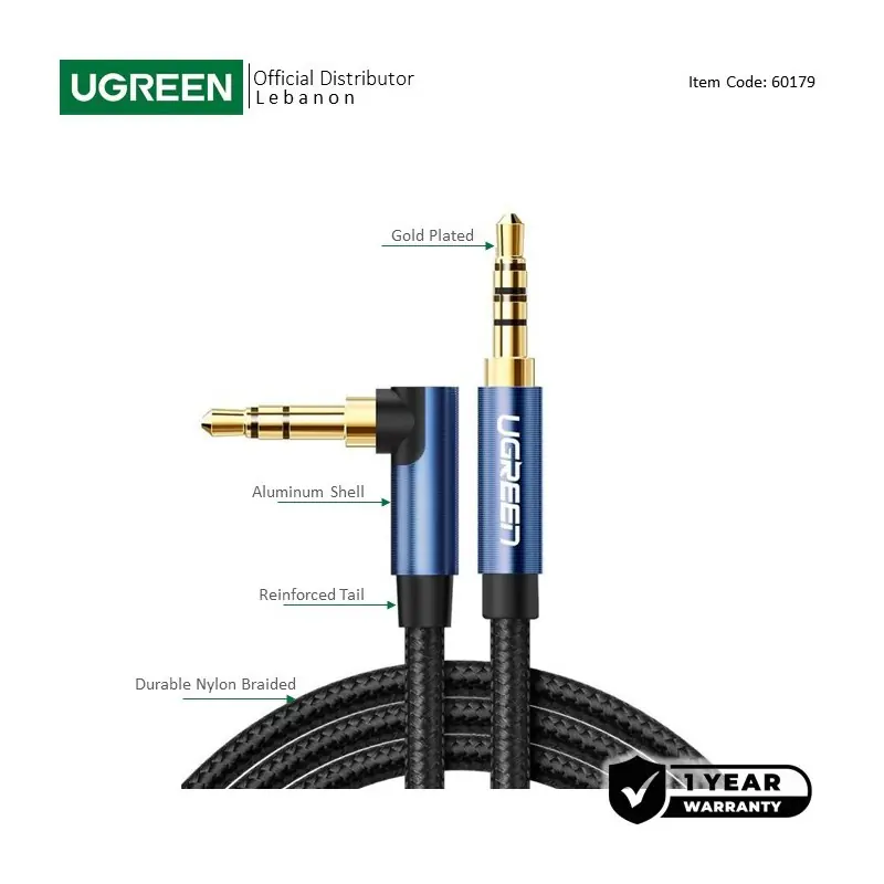UGREEN HIFI AUX Cable, 3.5mm Male to Male Braided Cable, Gold Plated, 90 Degree L Type , Aux Audio Cable , 1 meter | UGREEN-60179