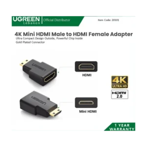 UGREEN Mini HDMI Male to HDMI Female Adapter 20101 – 4K/1080p Support, 24K Gold-Plated, Oxygen-Free Copper, Portable Design for Camera, Tablet, Ultrabook