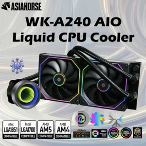 ASIAHORSE WK-A240 AIO Liquid CPU Cooler –   Dual 120mm Fans with ARGB Frame – 3200RPM Pump – 240mm Radiator –  ARGB Infinity Mirror Pump  | BLACK 